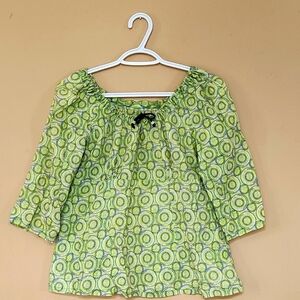 Kampala Fair Womens Boho Tunic Top Green With Dotted Black Circles Sz M